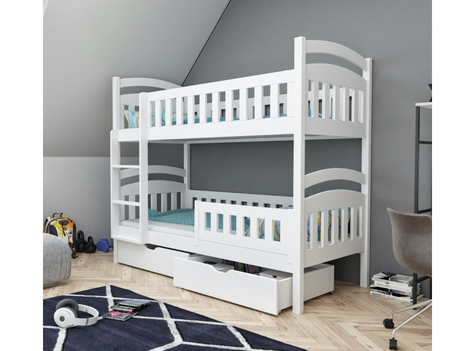 Detská poschodová posteľ z masívu borovice DOMINIK II so zásuvkami - 200x90 cm - BIELA