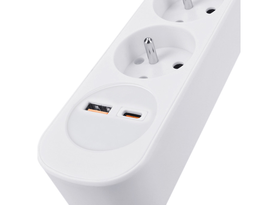 Solight predlžovací prívod 3 zásuvky, USB A + C 20W PD, 2m, 3 x 1mm2, biely, vypínač
