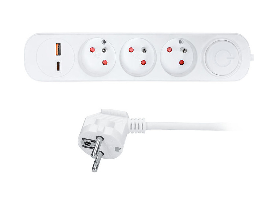 Solight predlžovací prívod 3 zásuvky, USB A + C 20W PD, 3m, 3 x 1mm2, biely, vypínač