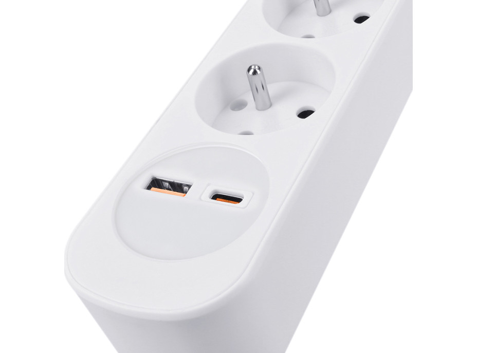 Solight predlžovací prívod 3 zásuvky, USB A + C 20W PD, 3m, 3 x 1mm2, biely, vypínač