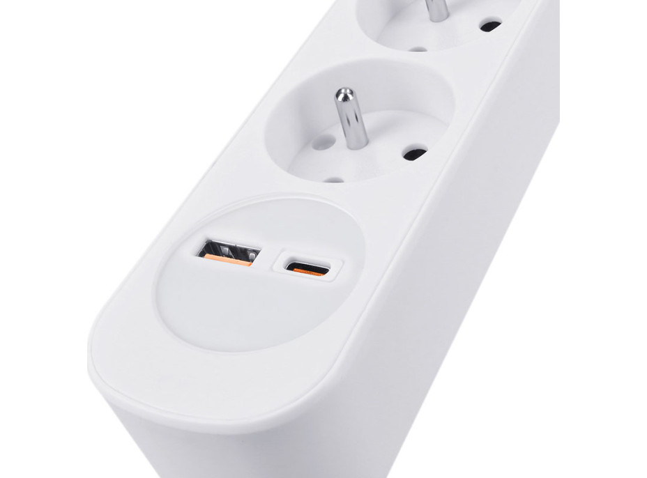 Solight predlžovací prívod 3 zásuvky, USB A + C 20W PD, 5m, 3 x 1mm2, biely, vypínač