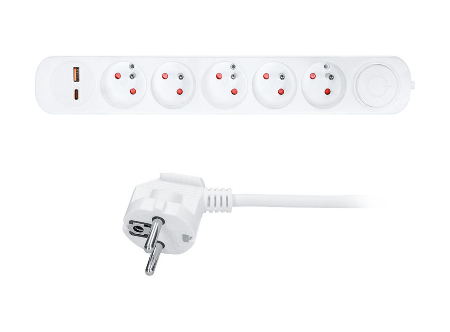 Solight predlžovací prívod 5 zásuviek, USB A + C 20W PD, 3m, 3 x 1mm2, biely, vypínač