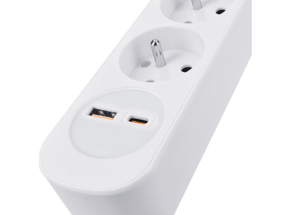 Solight predlžovací prívod 5 zásuviek, USB A + C 20W PD, 3m, 3 x 1mm2, biely, vypínač