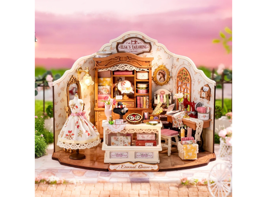 RoboTime 3D drevená skladačka Miniatúra domčeka Elsino krajčírstvo