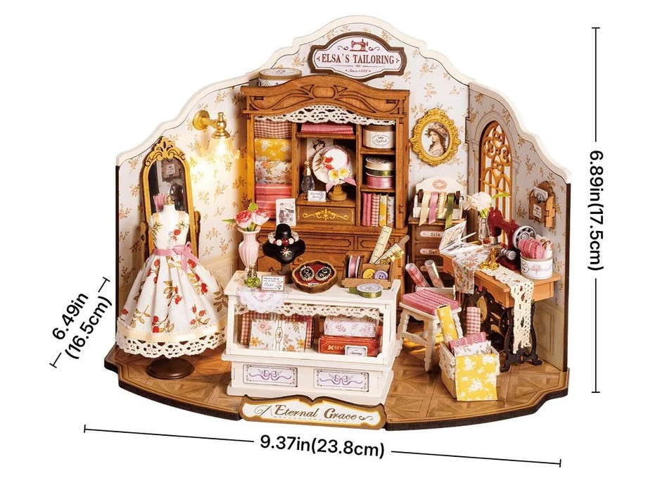 RoboTime 3D drevená skladačka Miniatúra domčeka Elsino krajčírstvo