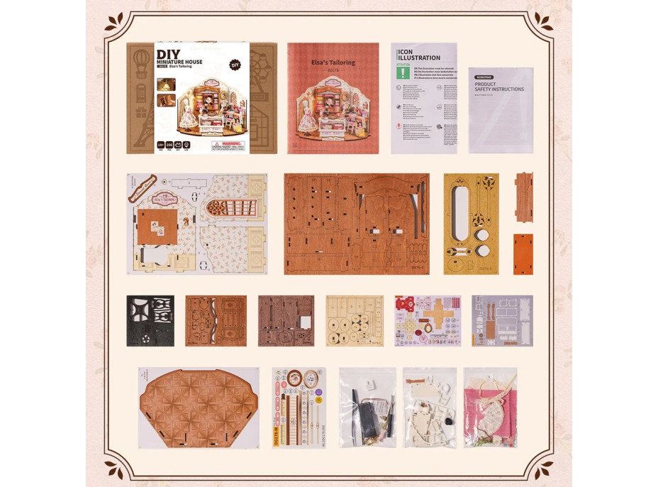 RoboTime 3D drevená skladačka Miniatúra domčeka Elsino krajčírstvo