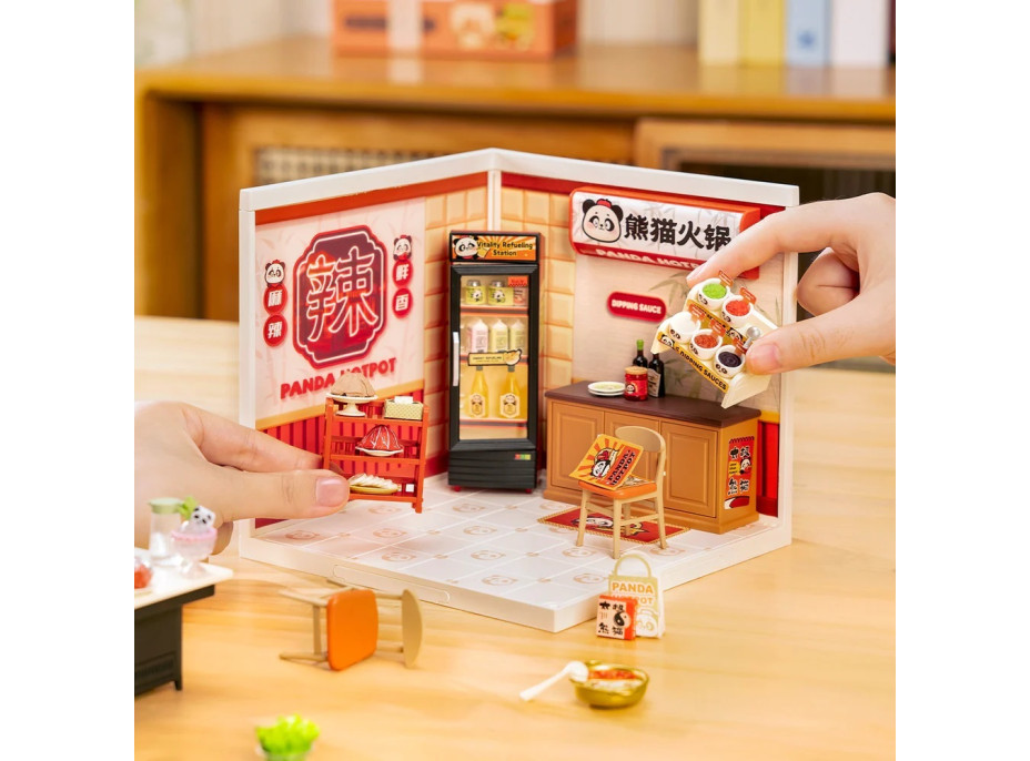 RoboTime 3D drevená skladačka Miniatúra domčeka Ázijské bistro Panda Hot Pot