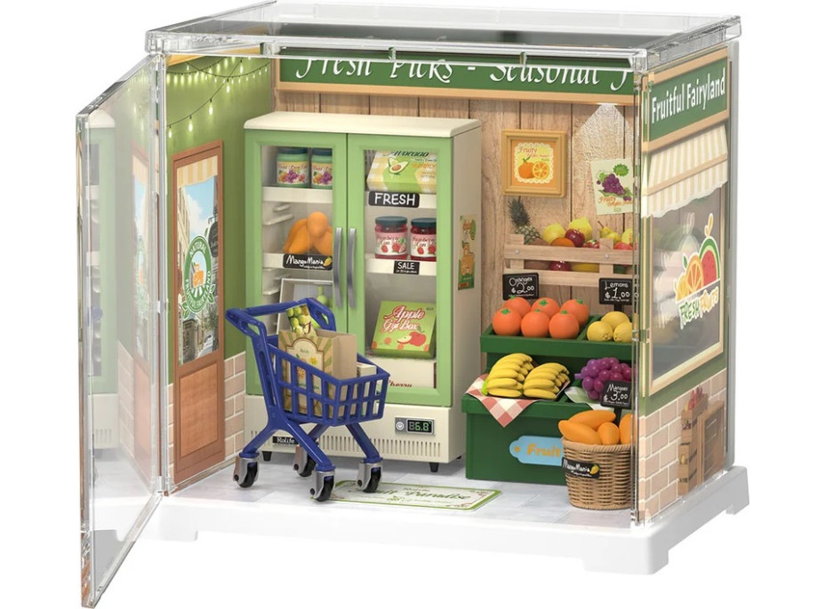 RoboTime 3D drevená skladačka Miniatúra domčeku mini Predajňa ovocia a zeleniny