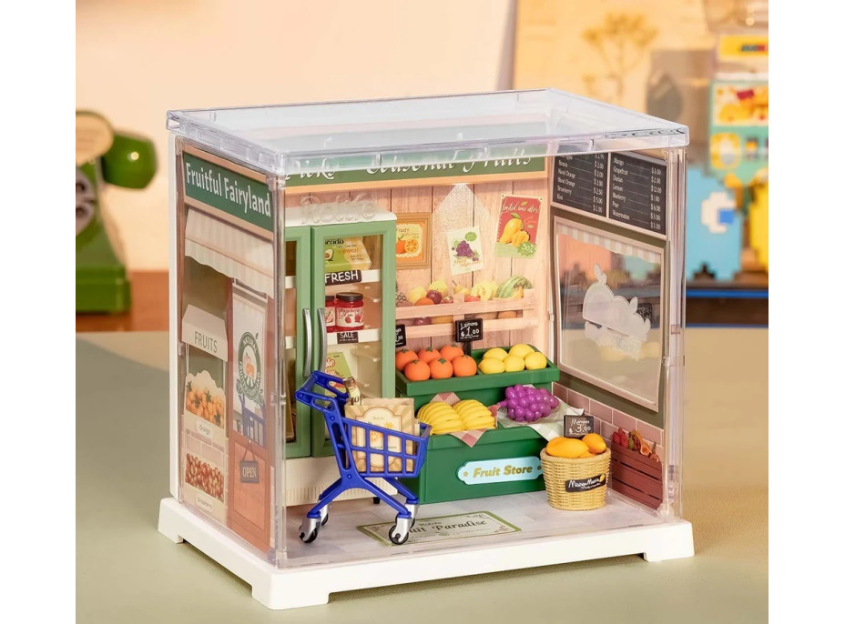 RoboTime 3D drevená skladačka Miniatúra domčeku mini Predajňa ovocia a zeleniny