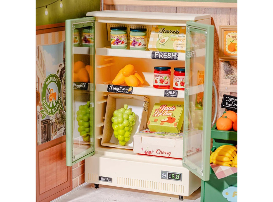 RoboTime 3D drevená skladačka Miniatúra domčeku mini Predajňa ovocia a zeleniny