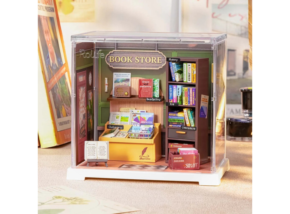 RoboTime 3D drevená skladačka Miniatúra domčeku mini Kníhkupectvo