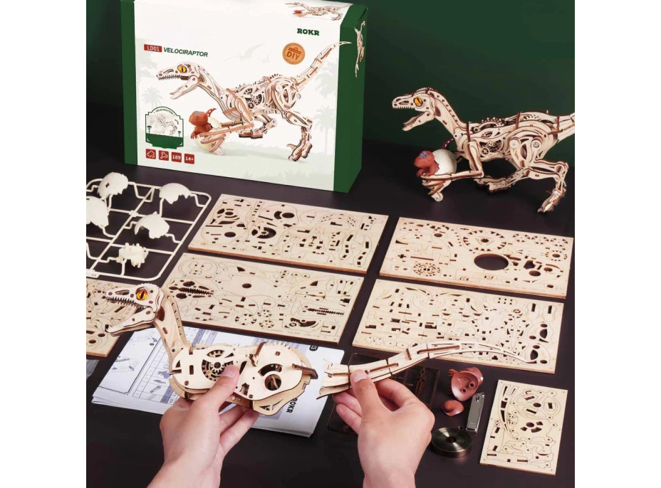 RoboTime 3D drevená mechanická skladačka Velociraptor