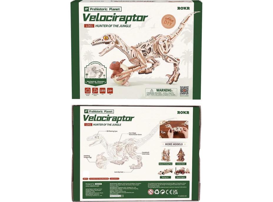 RoboTime 3D drevená mechanická skladačka Velociraptor