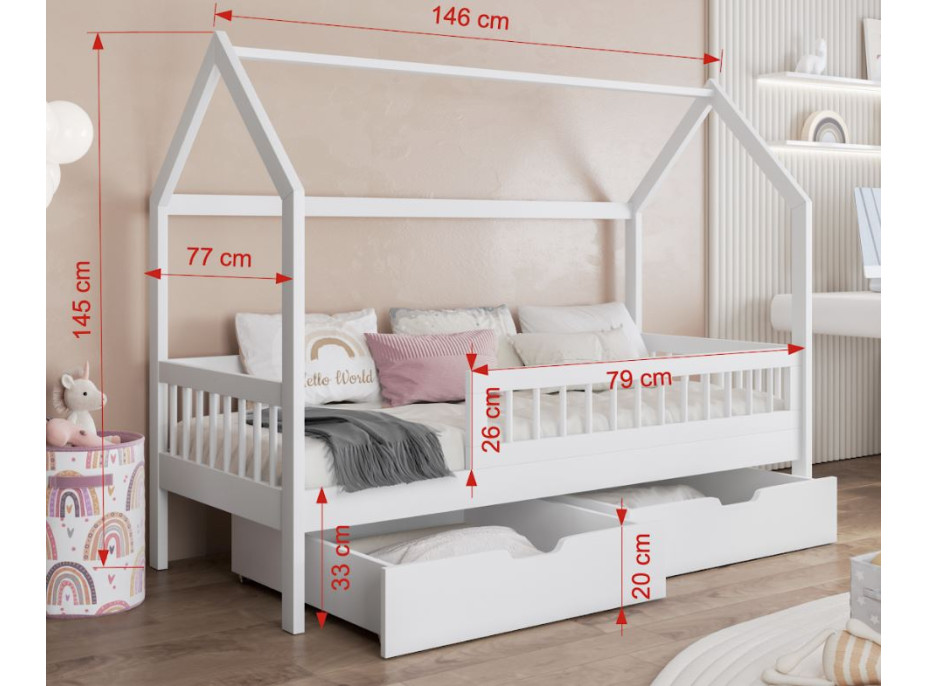 Detská domčeková posteľ z masívu borovice GAJA so šuplíkmi - 140x70 cm - olivovo zelená