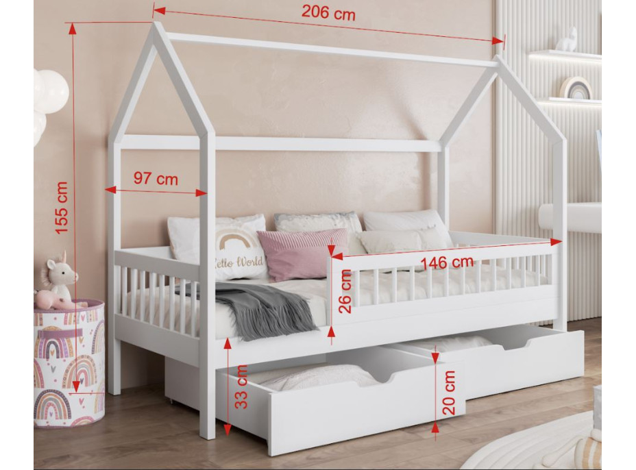 Detská domčeková posteľ z masívu borovice GAJA so šuplíkmi - 200x90 cm - kašmírová