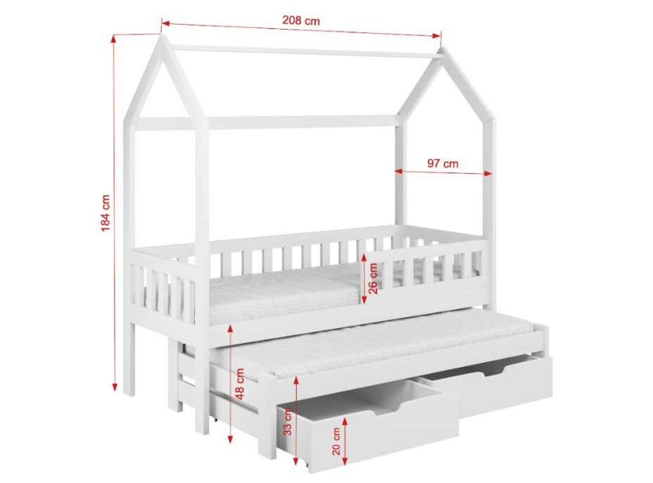 Detská domčeková posteľ z masívu borovice TIMMY so šuplíkmi a prístelkou - 200x90 cm - olivovo zelená