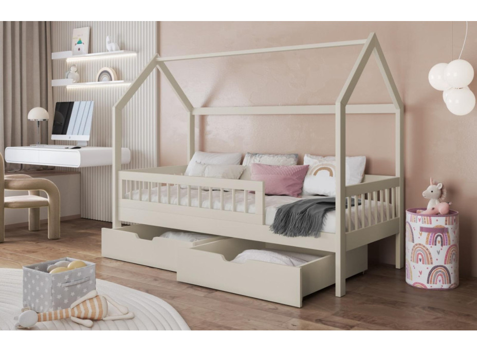 Detská domčeková posteľ z masívu borovice GAJA so šuplíkmi - 200x90 cm - kašmírová