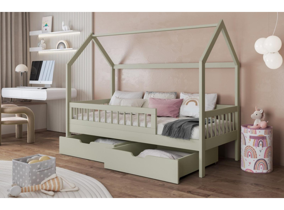 Detská domčeková posteľ z masívu borovice GAJA so šuplíkmi - 180x80 cm - olivovo zelená