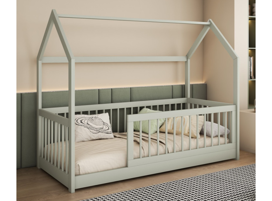 Detská domčeková posteľ z masívu borovice GRÉTA - 140x70 cm - olivovo zelená