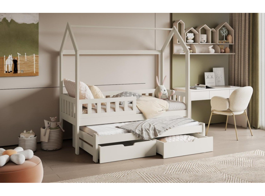 Detská domčeková posteľ z masívu borovice TIMMY so šuplíkmi a prístelkou - 200x90 cm - kašmírová