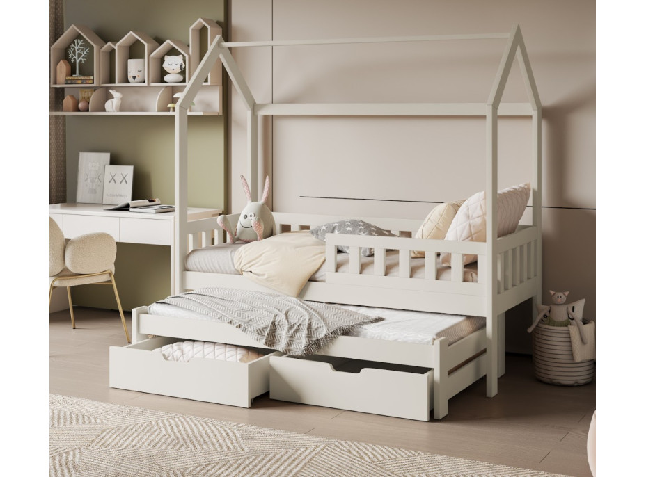 Detská domčeková posteľ z masívu borovice TIMMY so šuplíkmi a prístelkou - 200x90 cm - kašmírová