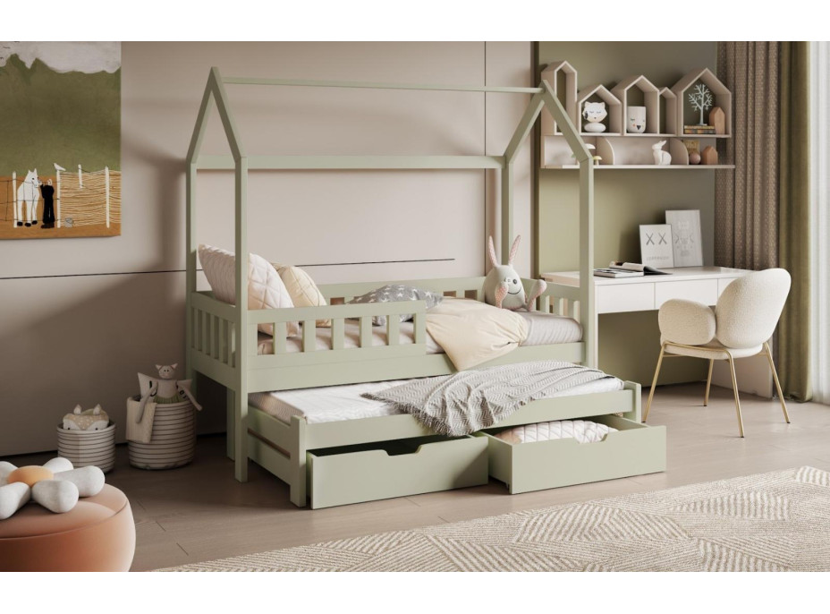 Detská domčeková posteľ z masívu borovice TIMMY so šuplíkmi a prístelkou - 200x90 cm - olivovo zelená