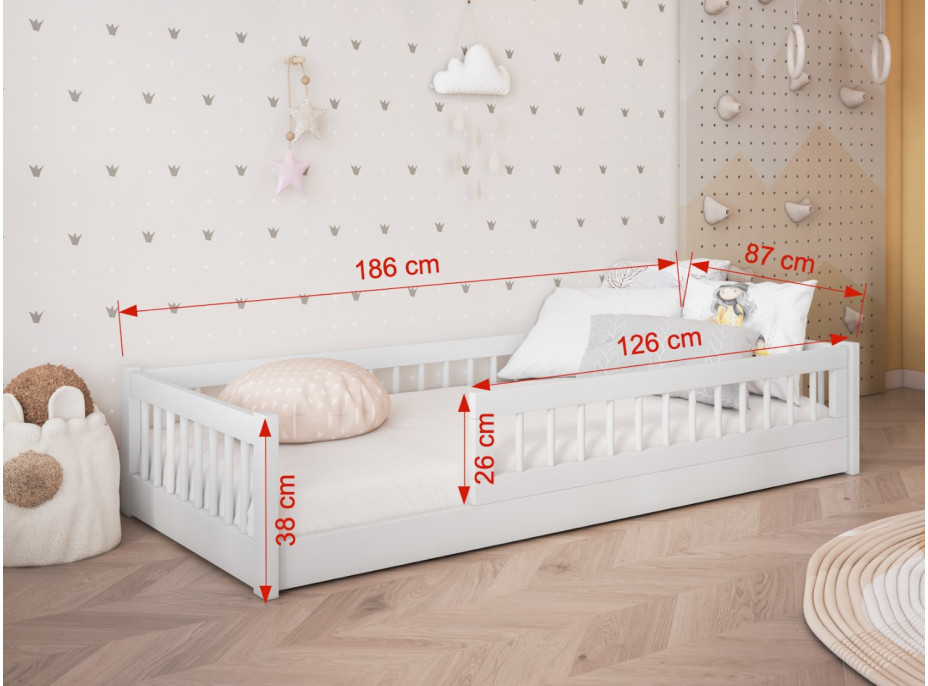 Detská Montessori posteľ z masívu borovice FLORES - 180x80 cm - biela