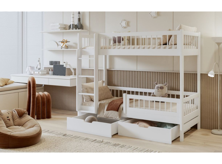 Detská poschodová posteľ so šuplíkmi z masívu borovice COEN - 180x80 cm - biela