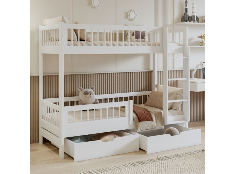 Detská poschodová posteľ so šuplíkmi z masívu borovice COEN - 180x80 cm - biela