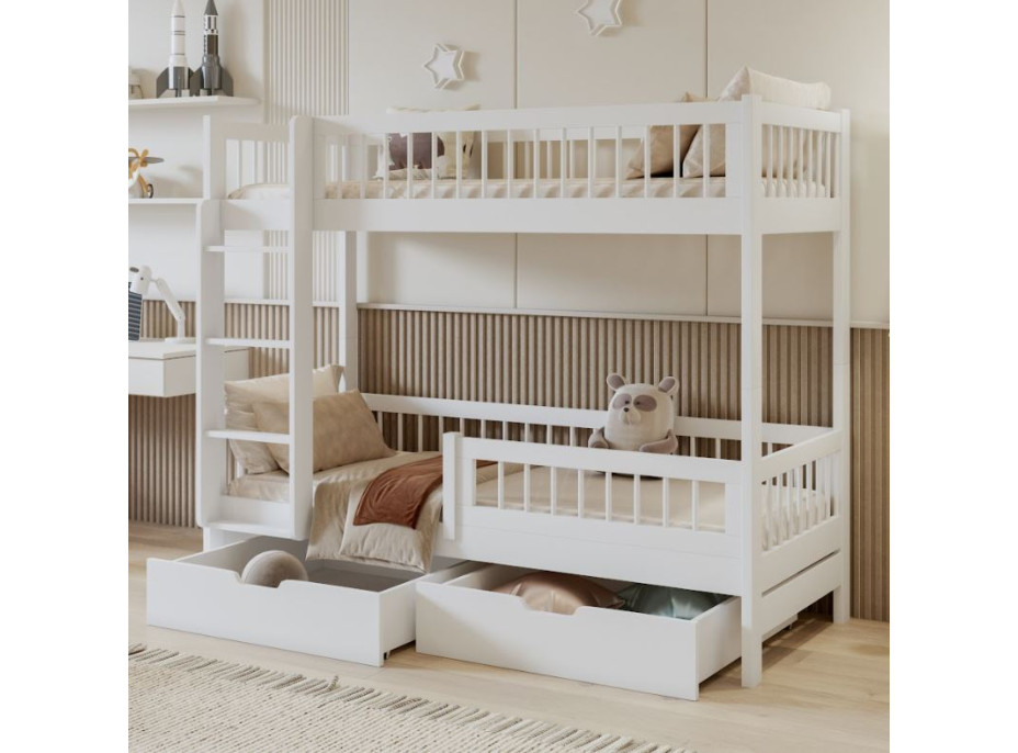 Detská poschodová posteľ so šuplíkmi z masívu borovice COEN - 180x80 cm - biela