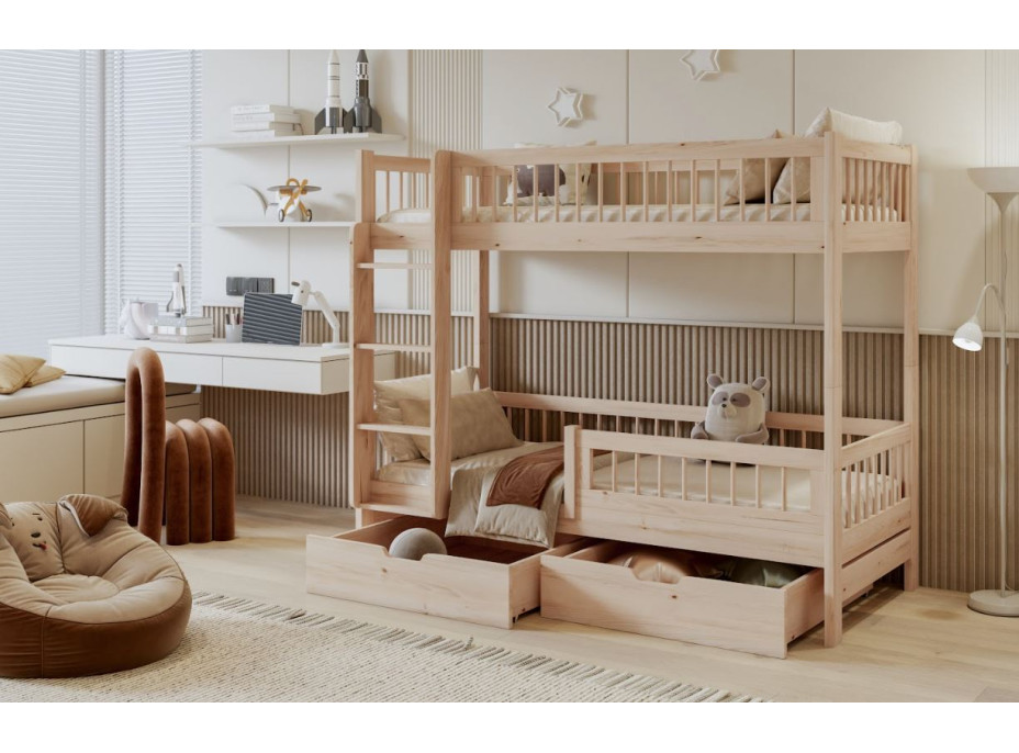 Detská poschodová posteľ so šuplíkmi z masívu borovice COEN - 180x80 cm - prírodná borovica
