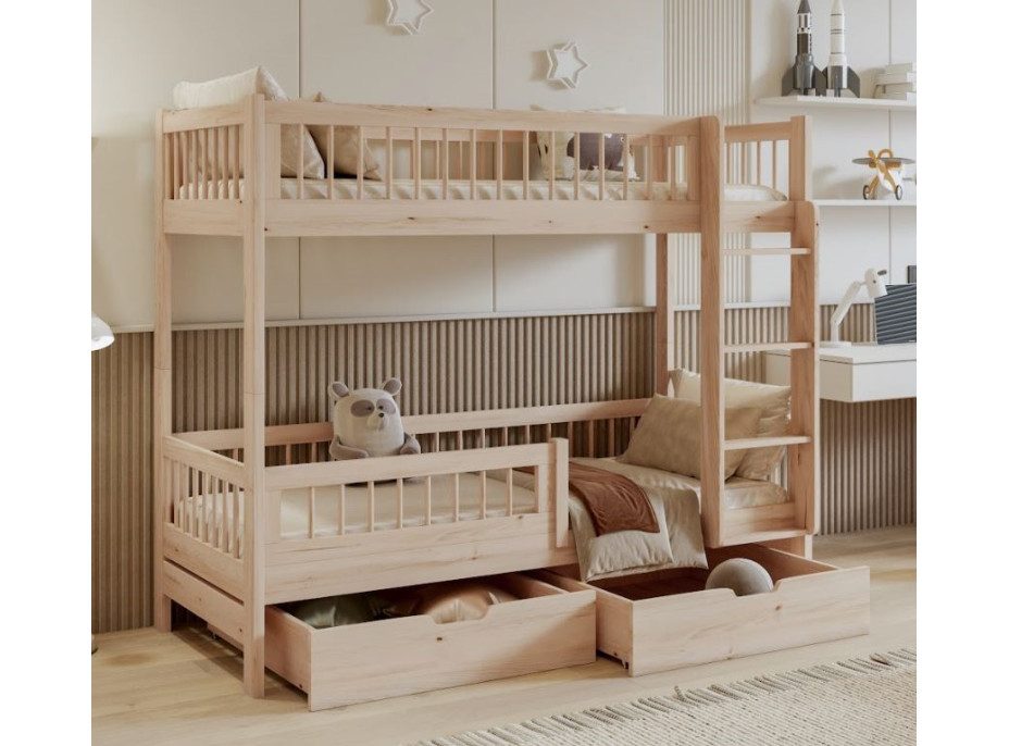 Detská poschodová posteľ so šuplíkmi z masívu borovice COEN - 180x80 cm - prírodná borovica