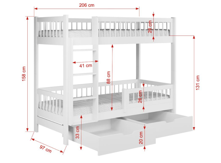 Detská poschodová posteľ so šuplíkmi z masívu borovice COEN - 200x90 cm - olivovo zelená
