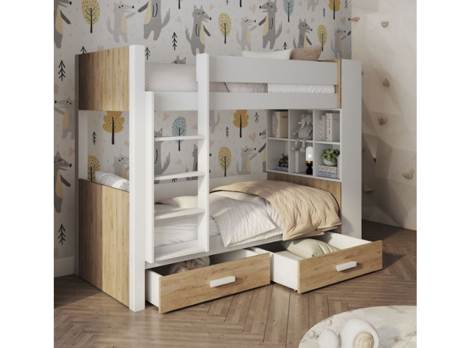 Detská poschodová posteľ z masívu borovice GASPAR so šuplíkmi a regálom - 180x80 cm - biela/dub shetland