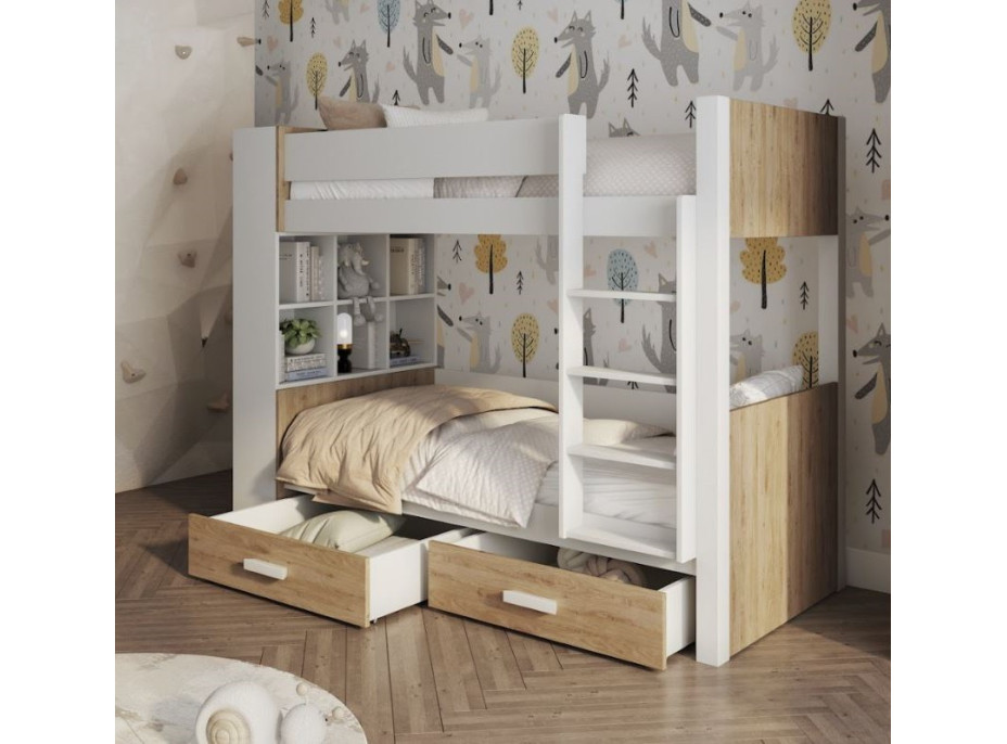 Detská poschodová posteľ z masívu borovice GASPAR so šuplíkmi a regálom - 180x80 cm - biela/dub shetland