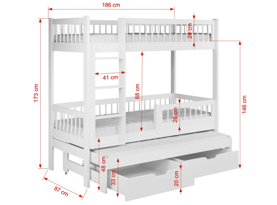 Detská poschodová posteľ z masívu borovice EVAN s prístelkou a šuplíky - 180x80 cm - prírodná borovica