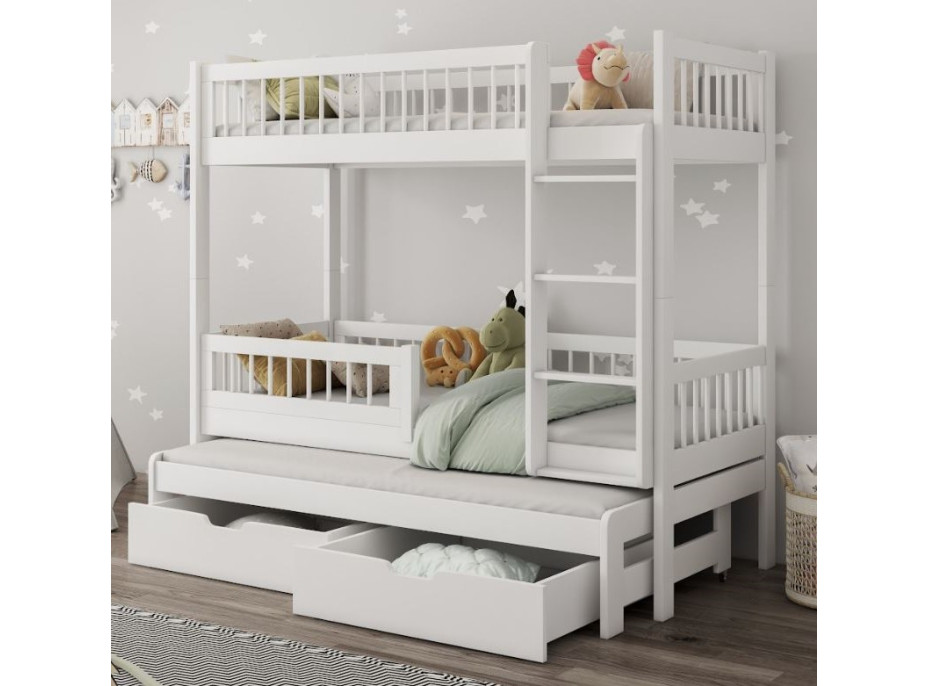 Detská poschodová posteľ z masívu borovice EVAN s prístelkou a šuplíky - 180x80 cm - biela