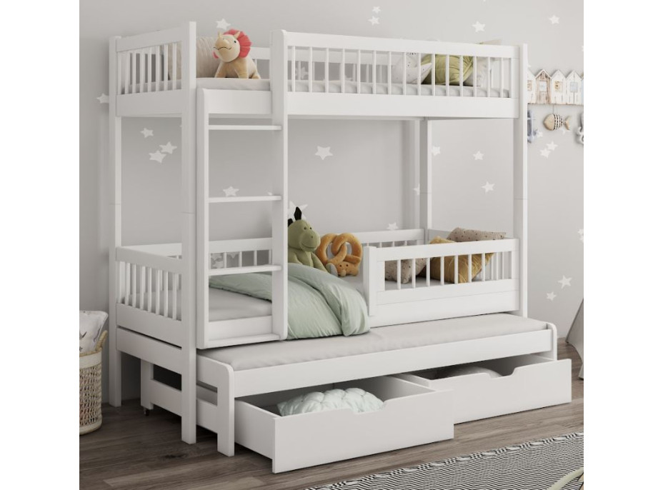 Detská poschodová posteľ z masívu borovice EVAN s prístelkou a šuplíky - 180x80 cm - biela