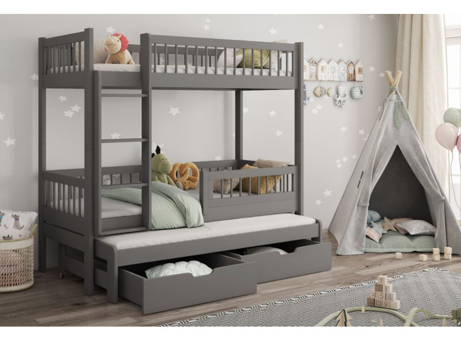 Detská poschodová posteľ z masívu borovice EVAN s prístelkou a šuplíky - 200x90 cm - grafitová [CLONE]