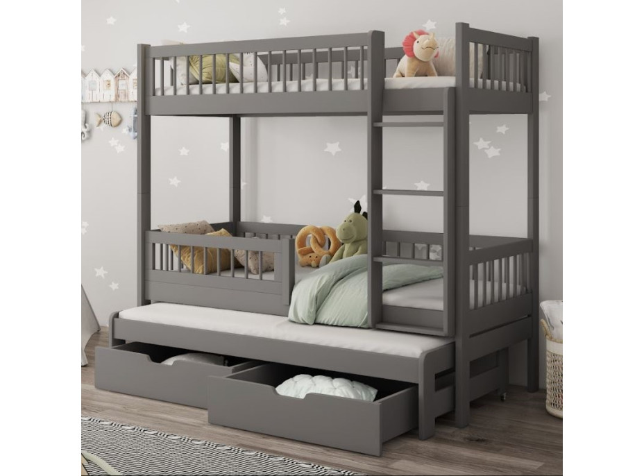 Detská poschodová posteľ z masívu borovice EVAN s prístelkou a šuplíky - 200x90 cm - grafitová [CLONE]