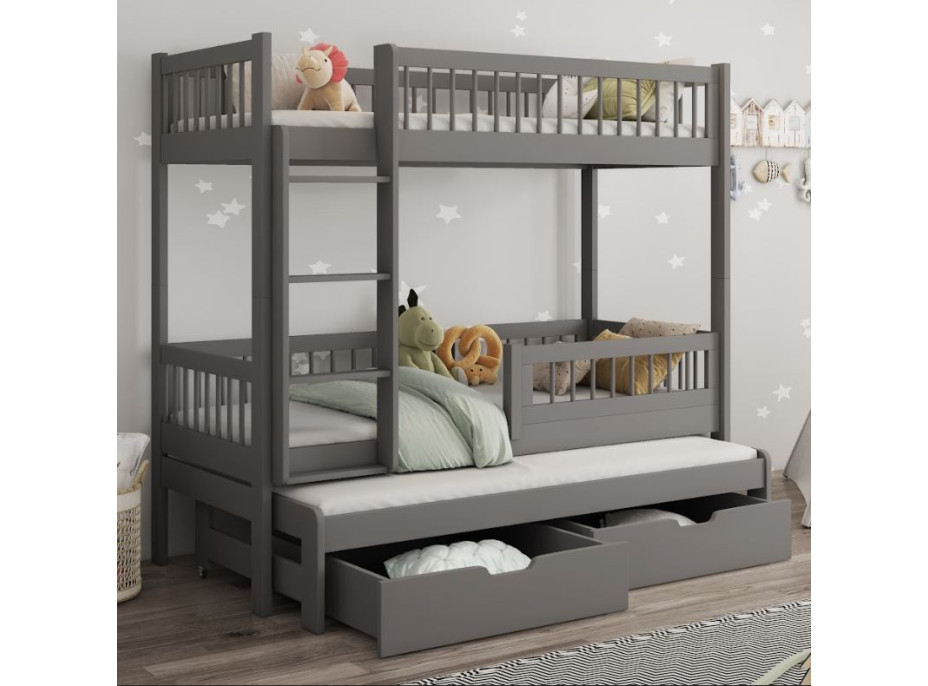 Detská poschodová posteľ z masívu borovice EVAN s prístelkou a šuplíky - 200x90 cm - grafitová [CLONE]
