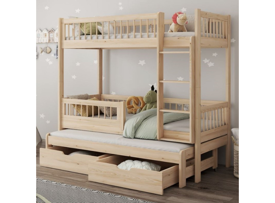 Detská poschodová posteľ z masívu borovice EVAN s prístelkou a šuplíky - 180x80 cm - prírodná borovica
