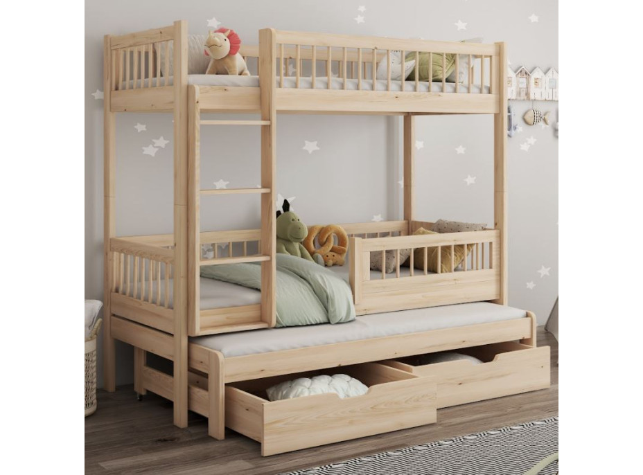 Detská poschodová posteľ z masívu borovice EVAN s prístelkou a šuplíky - 180x80 cm - prírodná borovica