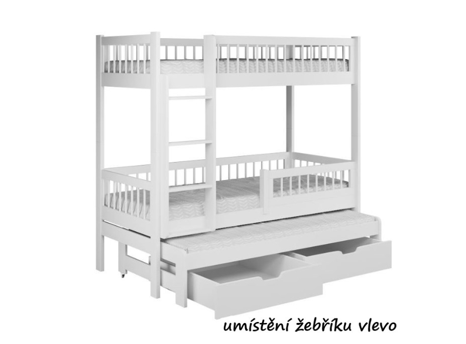 Detská poschodová posteľ z masívu borovice EVAN s prístelkou a šuplíky - 180x80 cm - biela