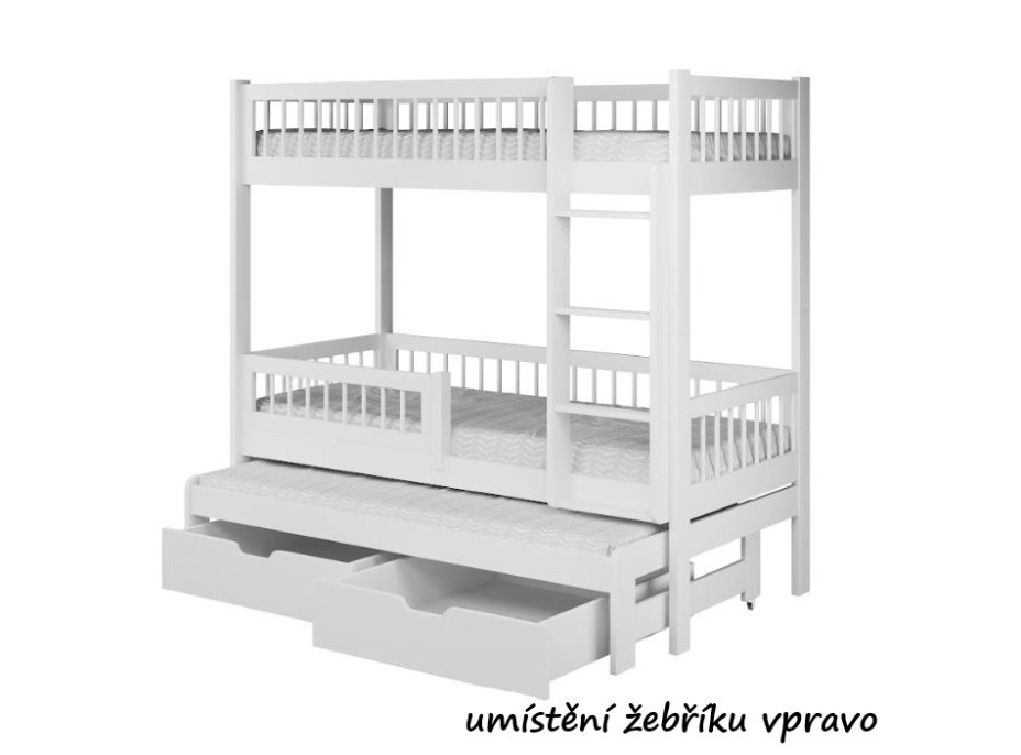 Detská poschodová posteľ z masívu borovice EVAN s prístelkou a šuplíky - 180x80 cm - biela