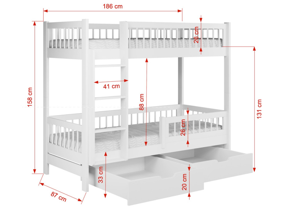 Detská poschodová posteľ so šuplíkmi z masívu borovice COEN - 180x80 cm - prírodná borovica