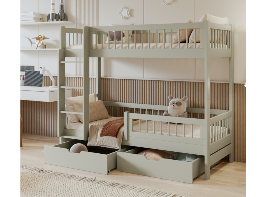 Detská poschodová posteľ so šuplíkmi z masívu borovice COEN - 180x80 cm - olivovo zelená