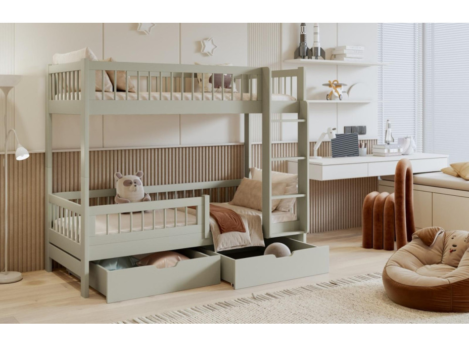 Detská poschodová posteľ so šuplíkmi z masívu borovice COEN - 180x80 cm - olivovo zelená