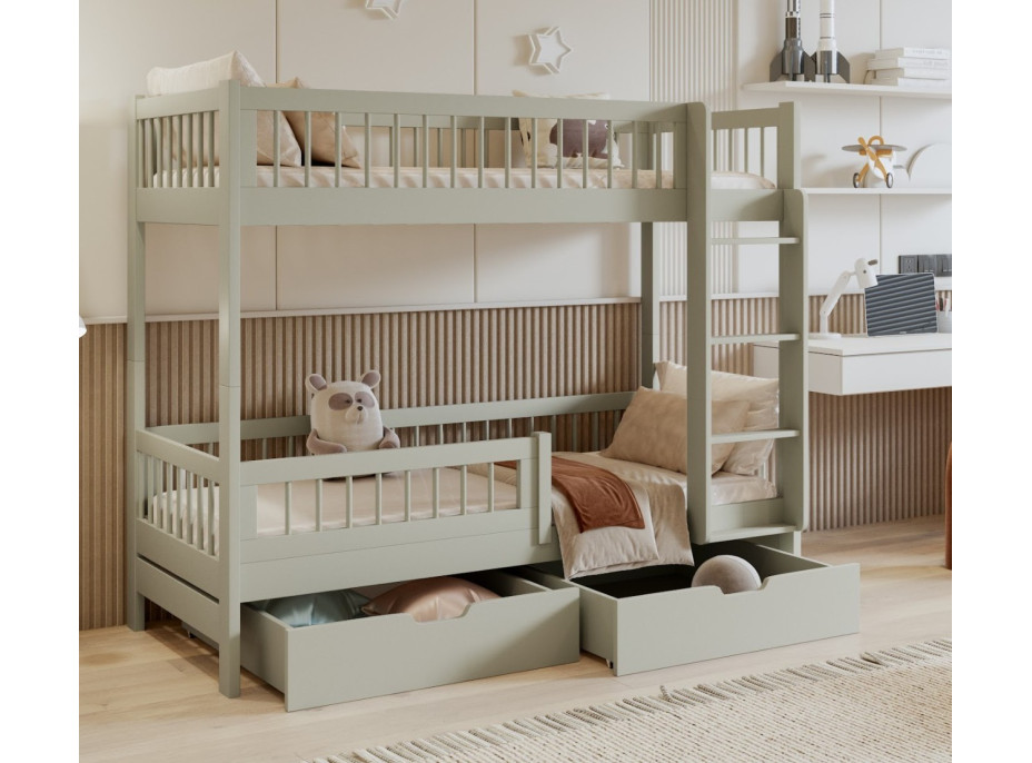 Detská poschodová posteľ so šuplíkmi z masívu borovice COEN - 200x90 cm - olivovo zelená