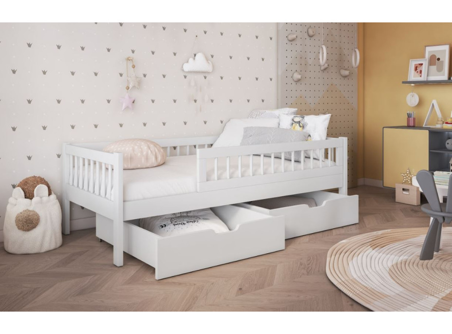 Detská posteľ z masívu borovice FLORES so šuplíkmi - 140x70 cm - biela